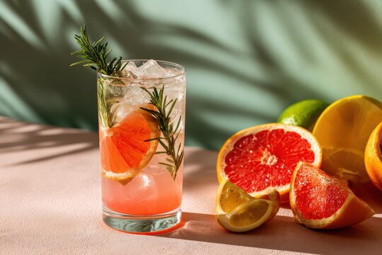 A refreshing grapefruit mojito with rosemary and ice served in a glass on a light backdrop accompanied by citrus slices and shadows It embodies a trendy summery healthy beverag - Powered by Adobe