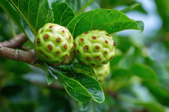 Noni fruits from the coffee family grow on trees and are used for fresh juice Dried fruit powder is utilized in cosmetics and medicine Terra do Caju Amazonas