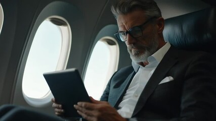 Senior businessman using digital tablet during flight, focused on investment data analysis - Powered by Adobe