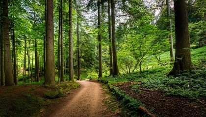 Naklejka premium a serene dirt path winds through a vibrant green forest surrounded by tall trees inviting exploration and tranquility
