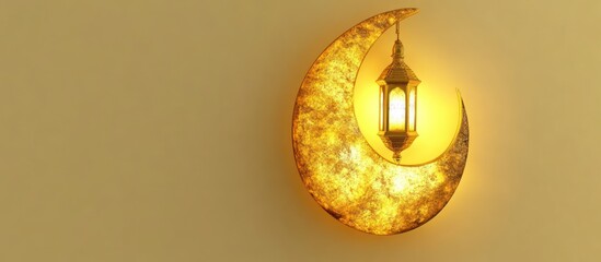 Fototapeta premium Illuminated crescent moon with lantern on beige wall