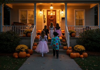 Kids in costumes go trick or treating on a decorated porch during a fall Halloween night.
