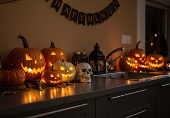 Obraz premium Spooky Halloween kitchen scene with illuminated jack-o'-lanterns and decorations.