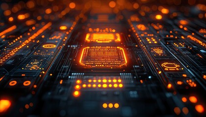 Futuristic circuit board glows with orange lights and intricate details. Ideal for tech, data, AI, and high performance computing visualizations.