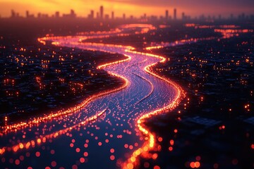 Night city skyline with river of lights and bokeh, sunset backdrop. Illustrates connectivity, data flow, modern urban life, and technology.