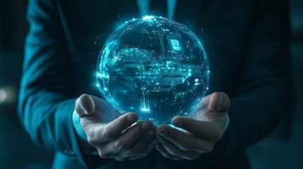 A person holds a glowing digital globe with circuit-like patterns, symbolizing advanced technology and global connectivity.