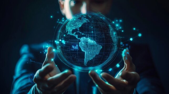 A futuristic digital globe projection highlighting the Americas, held between two hands in a dark setting with glowing blue data points. - Powered by Adobe