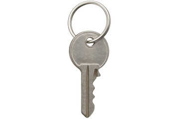 Isolated metallic key hanging from simple ring, positioned on clean transparent surface suitable for digital composition