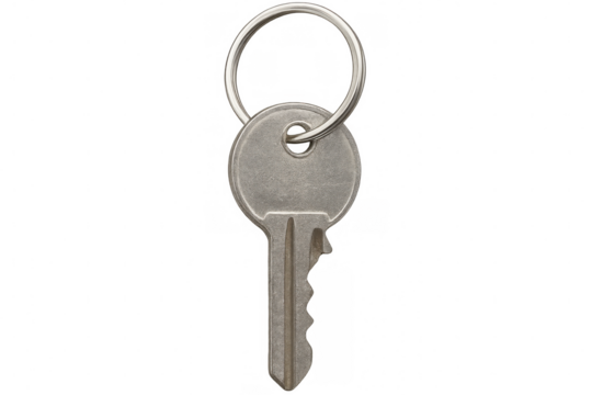 Isolated metallic key hanging from simple ring, positioned on clean transparent surface suitable for digital composition