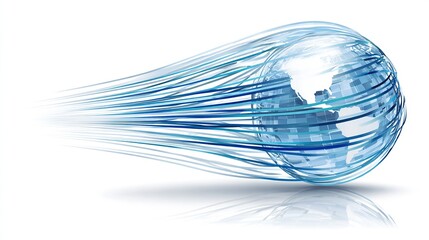 Pixelated globe streaks across reflective surface, leaving blue trails