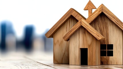 Wooden Model Houses on Table Against City Background