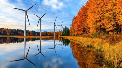 Wind Turbines and Vibrant Autumn Landscape Reflecting on Serene Lake Surface