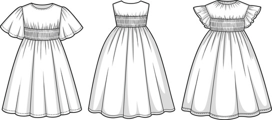 Stylish Smocked Bodice Dresses Collection Flat Technical Sketch, Featuring Various Sleeve Styles, Ideal for Children's Apparel Design and Mockups.