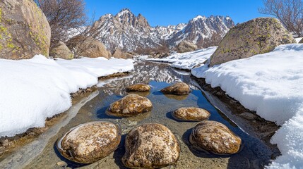 Winter Landscape with Snow Covered Mountains Stream and Rocks Under Blue Sky
