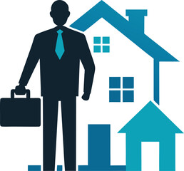 Silhouette of a realtor with briefcase in front of house, vector illustration with white background.