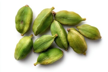 Isolated green cardamom seeds on a white background Overhead view