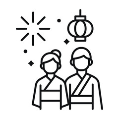 浴衣を着た男女と夏祭りのアイコンセット｜線画イラスト・花火・提灯・日本文化・ベクター素材