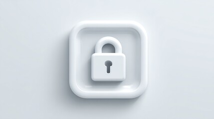 A minimalist, clean, 3D-rendered white lock icon within a square, offering a sense of security