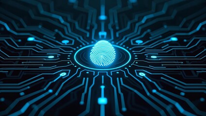 Digital fingerprint glowing at the center of futuristic electronic circuit board symbolizing cyber security, identity verification, and online privacy