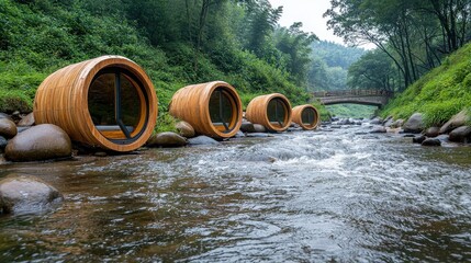 Wooden Barrel Structures in a Tranquil River Setting