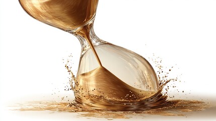 Golden hourglass with flowing sand creating splashes