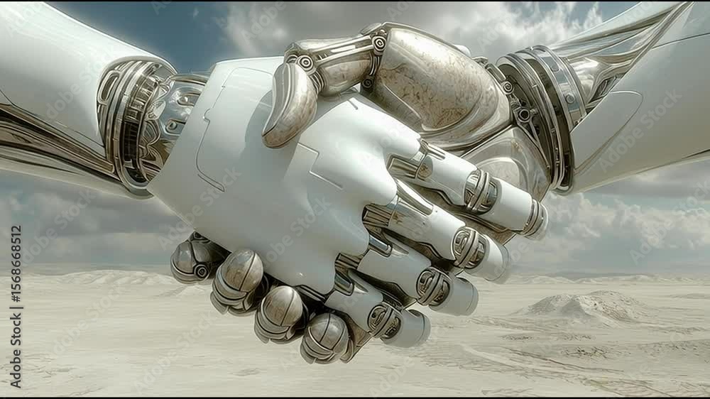 Poster collaborative robot hand shaking a human hand symbolizing business integration and partnership in ai