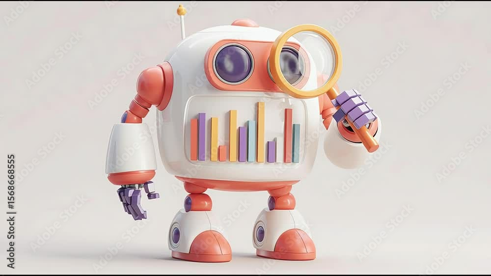 Poster robot holding a magnifying glass to analyze business cycle data for improved ai operational strategi