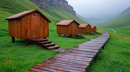 Wooden Cabins on Stilts in a Lush Green Mountain Meadow During Rainfall