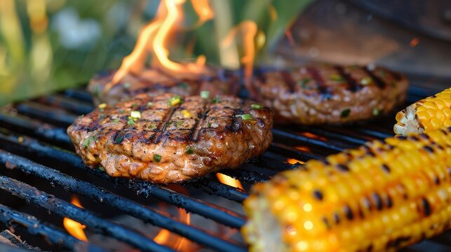Summer barbecue with grilled burgers and corn under an american flag symbolizing patriotism - Powered by Adobe