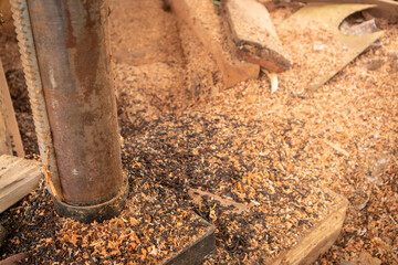 wood sawdust in carpenter workshop; industry manufacture business concept
