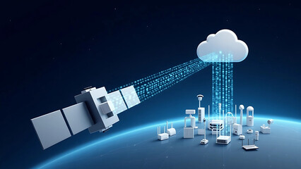 Obraz premium Satellite Transmitting Data to Cloud Icon Connected to Ground-Based IoT Devices – Smart Network Concept