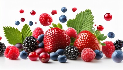 Obraz premium isolated white background showing falling wild berries focused on the mix
