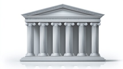Classical temple front view with ionic columns and triangular pediment on white
