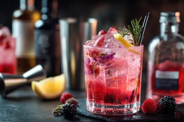 Cocktail featuring dry gin tonic rose syrup lychee juice lemon raspberry cucumber and blackberry served over ice set against a dark bar backdrop with tools and bottles