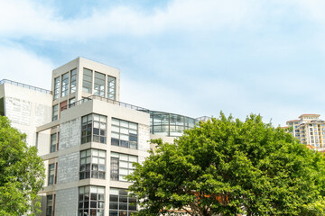 A corner of a modern glass office building