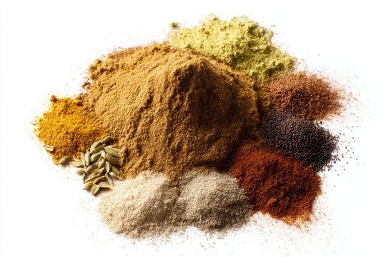 Isolated mix of garam masala powder including spices like fennel peppercorns cloves cinnamon mace cardamom curry cumin and coriander