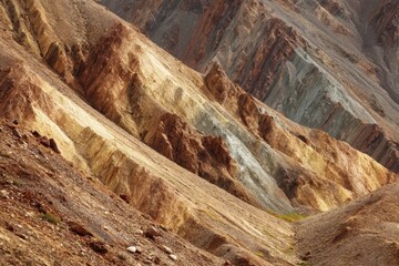 Multi hued sandy mountain slope in Kyzyl Chin valley Altai Republic Russia near Chagan Uzun village ground layers tinted by minerals and ores