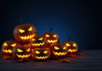 Glowing jack-o'-lanterns with carved faces on a wooden surface, perfect for Halloween.
