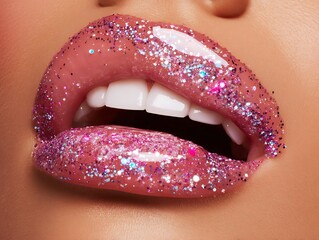 Close-up of glamorous lips adorned with shimmering glitter.
