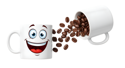 Coffee Beans Pour From Mug with Smiling Mug Illustration on Transparent Background