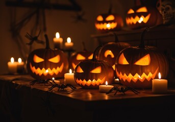 Spooky Halloween scene featuring glowing jack-o'-lanterns, candles, and plastic spiders.
