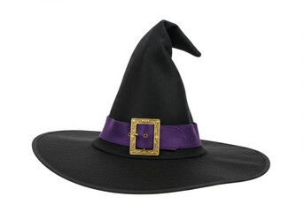 A classic black witch hat with a purple band and gold buckle for Halloween.