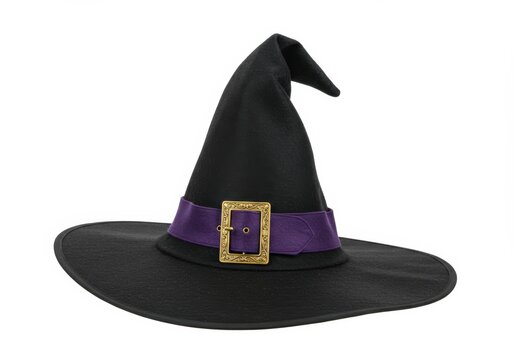 A classic black witch hat with a purple band and gold buckle for Halloween.