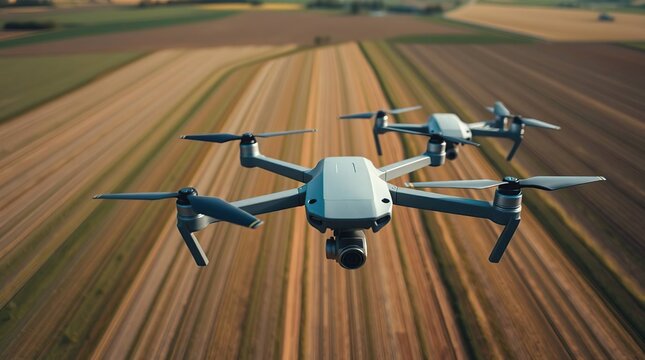 Drones fly above vibrant farmland.