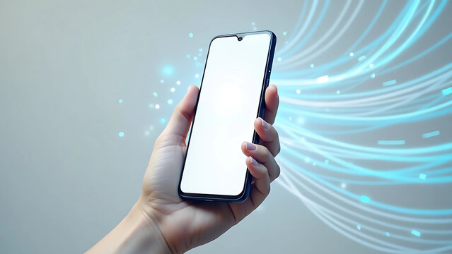 Hand Holding Smartphone with Radiating Light Trails – Speed, Connectivity & Mobile Tech Concept - Powered by Adobe