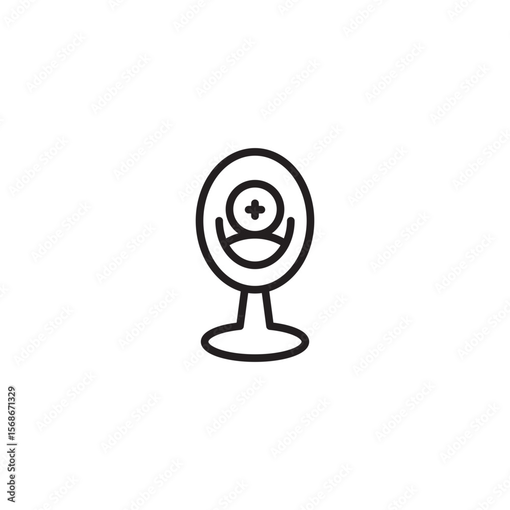 Poster a minimalist line icon of a desk mirror or vanity mirror with a round reflection showing a user prof