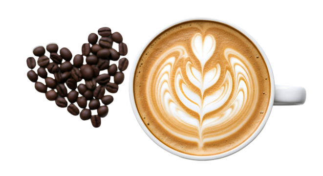 Latte Art Coffee Cup Displays Heart Shape Beans on Transparent Background, Coffee Themes