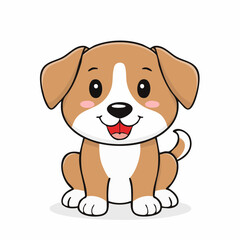 A cheerful cartoon puppy sits and smiles, with a happy expression.