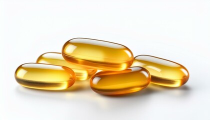 Golden oil capsules on white