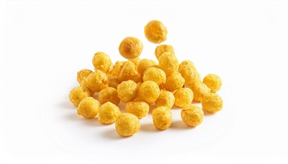 Golden puffed snacks falling on white background